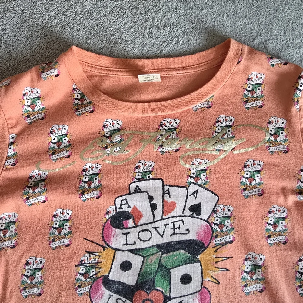 Ed Hardy Coral Pink and Olive Green Long Sleeve Layered Tee - Picture 4 of 14